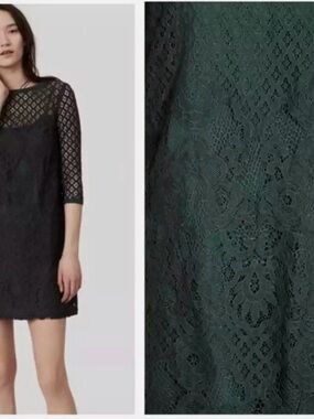LOFT Dark Green Lace Mini Dress with Sheer Sleeves